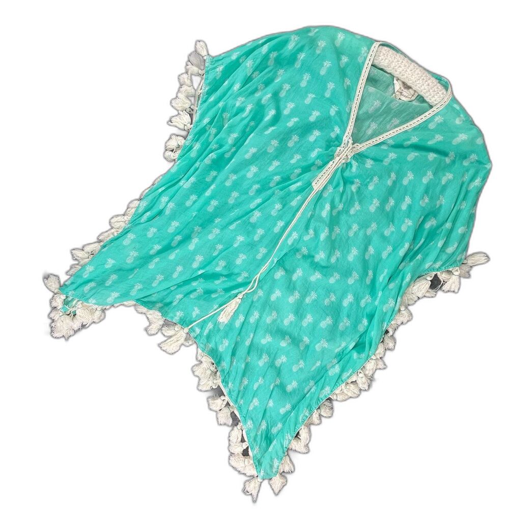 Z&L Europe Teal Pineapple Tassel Kaftan Swim Cover Up S/M Cotton Boho Resort